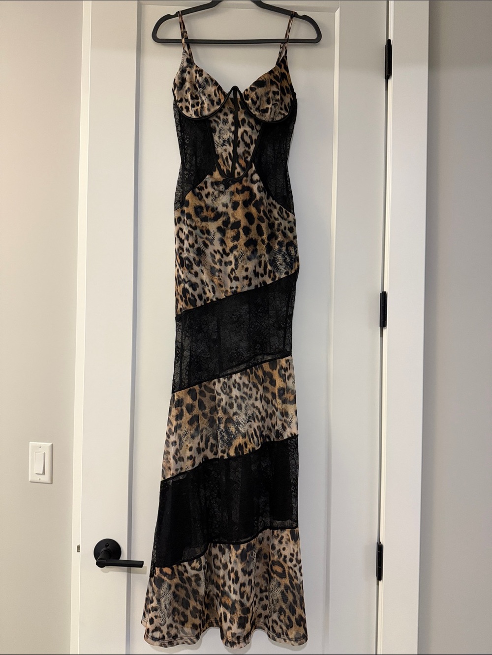 Leopard Print Slip Dress with Black Lace Insets